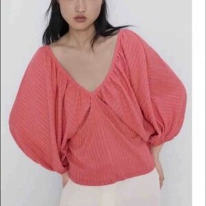 Zara Coral Blouse with Balloon Sleeves